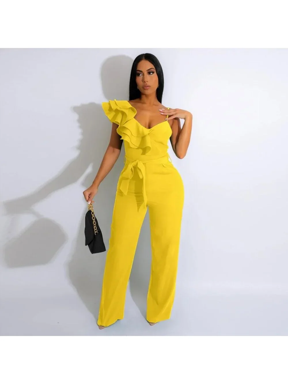 👗 Women's Yellow Ruffle One Shoulder Wide Leg Belted Romper Casual Jumpsuits